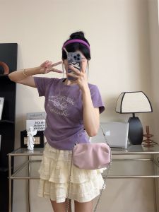 Small Stylish Letter Short Sleeve Print Female Ins Sweet Cool Style Bows Shoulder T-Shirt Waist Trimming Short Tops