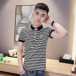 Slim Fit Mens Short Sleeve T-Shirt Trendy Striped POLO Shirt Summer High End Feeling Cool Brand Youthful round Neck Tee