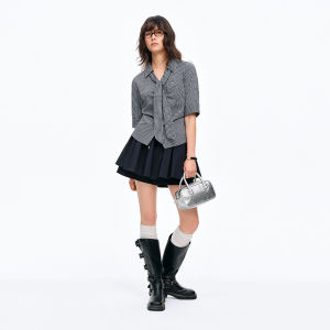 DUSHU | Unique Retro Gingham Shirt With Waist Cinch And Sash College Style Summer