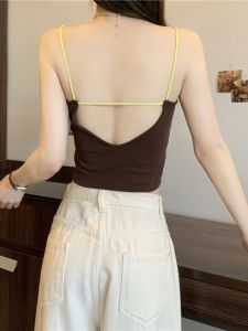 Sporty Casual Strap Vest Women Summer Innerwear Outerwear Built-in Chest Pad V-neck Color Block Beautiful Back Sleeveless Top