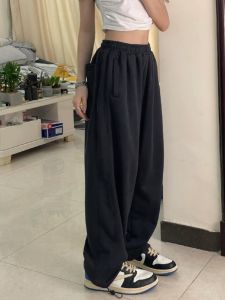 กางเกงกีฬาสไตล์อเมริกันผ้าฝ้ายแท้เอวสูง กางเกงขายาวทรงตรง กางเกงขายาวทรงหลวม กางเกงขายาวทรงหลวมสำหรับผู้หญิง ฤดูใบไม้ผลิและฤดูใบไม้ร่วง