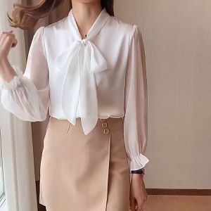 FASHLOVER Women Bowknot Chiffon Long Sleeve Shirt Top