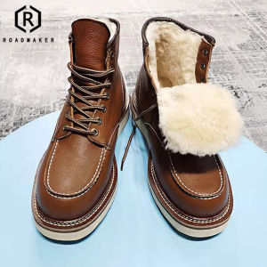 Roadmaker Mens Winter Snow Boots Fur Lined High Top Martin Boots Thickened Waterproof Genuine Leather Cotton Shoes