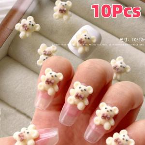 10Pcs 3D Lovely Milk White Plush Bear Nail Charms 8-12mm Velvet Bowknot Bear Nail Art Decorations DIY Crafts Manicure Accessorie