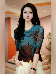 Elegant round Neck Long Sleeve T-Shirt Womens Spring Autumn New Style Base Shirt Elastic Slimming Top Lace Mesh Print Base Shirt