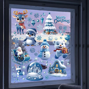 สติกเกอร์การ์ตูนคริสต์มาสแบบลอกออกได้ สติกเกอร์ติดกระจกสองด้าน ไม่ต้องใช้กาว ลายมนุษย์หิมะ ซานตาคลอส เกล็ดหิมะ ของตกแต่งคริสต์มาส