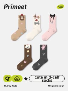 PRIMEET | Cute Cartoon Bow Knot Boneless Mid-Calf Cotton Socks For Women Autumn and Winter