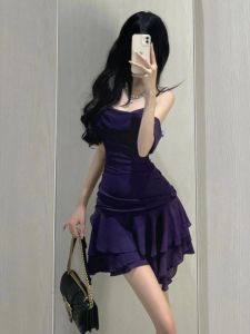 CHANGTONG | Pure Desire French High-End Sensation Beautiful Unique Purple Strap Dress Mature Lady Swing Collar Short Skirt A-Line Silhouette