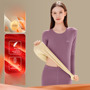 MiiOW | Thickened Fleece Warm Underwear Set For Women Wool Silk Winter Proof Base Layer Long Sleeve Round Neck Pure Color Polyester Fiber