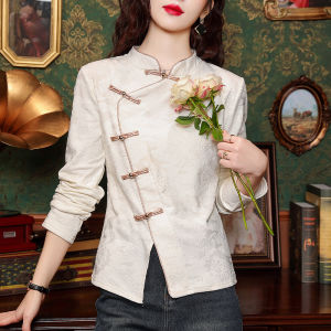 เสื้อเชิ้ตคอตั้งสไตล์จีนใหม่ ทรงสลิมฟิต แขนยาว ผ้าโพลีเอสเตอร์ ทรงปกติ ฤดูใบไม้ร่วง 2024 แฟชั่นสตรี