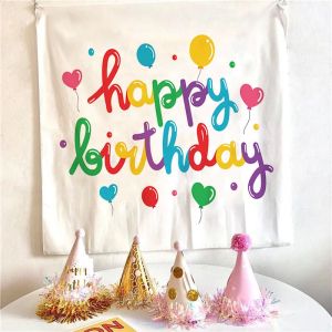 VIKAMA Họa Tiết Bohemian Chữ Happy Birthday Treo Vải Treo Tường Thảm Trang Trí Phòng Polyester Không Dệt Phòng Khách Trang Trí Phòng Ngủ