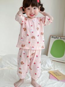New 2025 Girls Sleepwear Summer Thin Pure Cotton Sleeve Home Clothes Set Baby Air Conditioning Children Seven Sleeve Home Suit