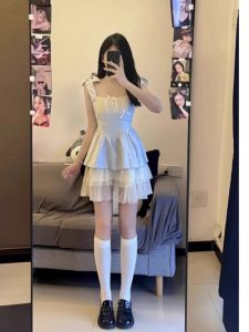 Váy Công Chúa Không Tay Thắt Eo Thiết Kế Váy Mùa Hè Cho Nữ Váy Lưới Ghép Nối Mỏng Váy Cotton Polyester Váy Ngọt Ngào