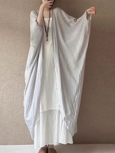 Elegant Long Batwing Sleeve Cotton Linen Open Cardigan Womens Outerwear Crumpled Texture High-End Chinese Style Windbreaker