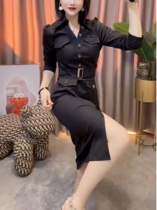 Fashionable Shirt Collar Long Sleeve Midi Dress Womens New Style Slimming High Waist A-Line Skirt Casual Pure Color Button Detail