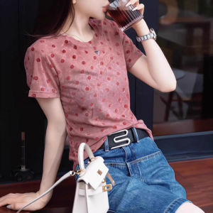 Shalldoer | French Vintage Tie Dye Print Polka Dot Short Sleeve T-Shirt Womens Lightweight Summer Breathable Sun Protection Top