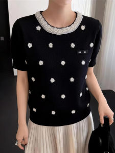 QINGNAER | Slim Elegant Black Short Sleeve Knitwear Plus Size