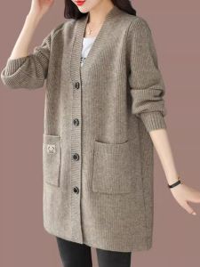 เสื้อคาร์ดิแกนถักคอวียาวคลุมเข่าสำหรับผู้หญิง เสื้อคลุมคาร์ดิแกนถักคอวีสีพื้น แขนยาวหลวมๆ ผ้าขนสัตว์เนื้อนุ่ม ฤดูใบไม้ผลิ ฤดูใบไม้ร่วง ฤดูหนาว