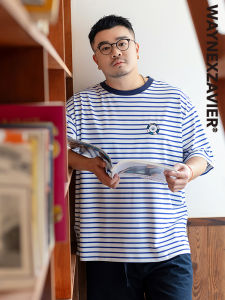 Áo Thun Nam Cổ Tròn Thêu Họa Tiết Hoạt Hình Sọc Co Giãn Cỡ Lớn Mùa Hè Phong Cách Biển 190g Thời Trang Thường Ngày