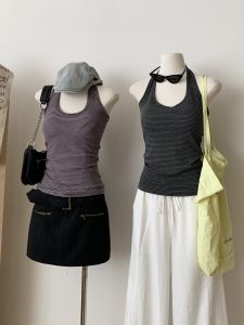 เสื้อกั๊กสายเดี่ยวคอวีลายทางสไตล์อเมริกันสำหรับผู้หญิง ทรงเข้ารูป แขนกุด ใส่ได้ทั้งฤดูร้อนและฤดูใบไม้ร่วง เสื้อชั้นในเสื้อตัวนอก