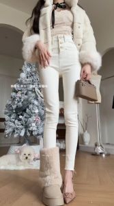 South Korea Dongdaemun White High-Waist Stretch Fleece Thickening Slim Fit Slimming Smoke Pipe Skinny Jeans Fall and Winter Nine Points Denim