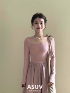 French Style Pink Splice Knitted Dress Womens Gentle Sweet Fairy Long Skirt Square Collar A-Line Dress Commute Korean Style