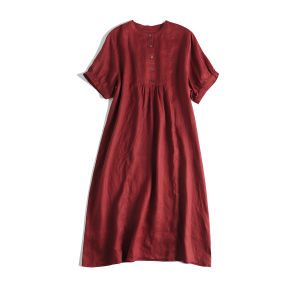 Withdraw OEM Goods Big Brand Light and Skinny Linen Dress Womens Summer Mid Length Long Length Pure Color Cotton and Linen Short Sleeve Shirt Skirt