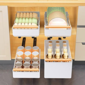 Pull Out Cabinet Organizer Rack Under Table Organizer with Wheel Dish Glass Cup Holder Shelf Dish Organizer Rack Pots Pans Organizer Under Cabinet with Drip Tray Sliding Drawer Storage Basket