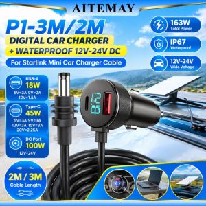 Aitemay 3M/2M Starlink Mini Car Charger Cable PD45W QC3.0 USB C A Port 100W DC Power Adapter With LED Voltmeter Waterproof 12V 24V For RV Truck Boat Camping