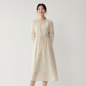 Yigue | French Puff Sleeve Tencel Womens V-Neck Retro Lace Hollow Mid-Length Dress