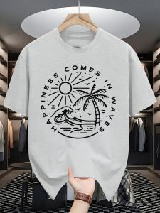 Happiness Comes In Waves Prints Male Cotton Summer Thin Clothes Youth Beach T Shirt Hip Hop Street Short Sleeve Commute Tee