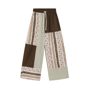 Striped and Floral Patchwork Drawstring Wide-leg Trousers