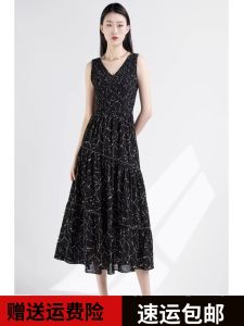 Elegant V-neck Lace Sleeveless Waist-cinched Dress Girdear 2024 New Style Long A-line Skirt Polyester Fiber Summer Dress