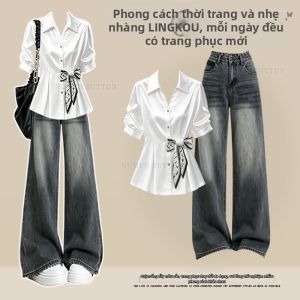 NUMEN BUTTON | Bộ Áo Sơ Mi Cổ Nơ Dây và Quần Jeans Ống Rộng