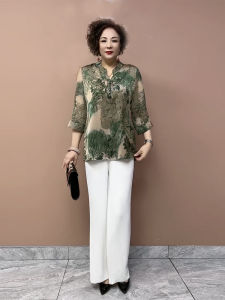 Bộ Áo Sơ Mi Lụa in Họa Tiết Phong Cách Dân Tộc Rộng Rãi Cho Phụ Nữ Trung Niên Mùa Hè Mới Cỡ Lớn Áo Khoác Đầu Nhỏ