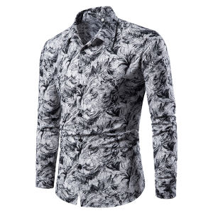 Mens Printed Lapel Long Sleeve Shirt Casual Blouse Fashionable Polyester Casual Wear