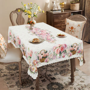 1 Piece of Spring Flower Tablecloth Made of Elegant and Romantic French Style Peony Flower Flower Basket Pattern Tablecloth Edge Embossing Process Round and Rectangular Tablecloth Perfect for Wedding Decoration Indoor and Outdoor Party Decoratio...