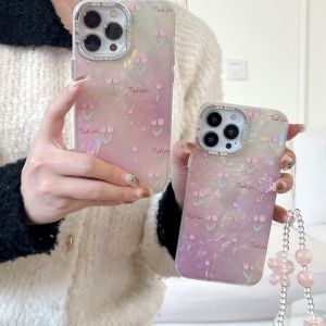 Electroplated Silver Metal Frame Gradient Colored Tulips Pattern IMD Case with Bracelet for iPhone X to 16 Series