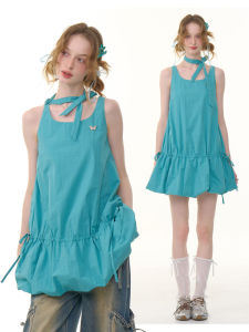 Váy Vest Không Tay Mùa Hè Màu Xanh Lá Cây Xanh Lam Có Thắt Lưng Váy Chữ a Cotton Thoải Mái Váy Nữ Mùa Hè