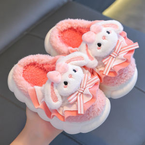 2024 New Winter Childrens Cotton Slippers - Cute and Warm Fleece Rabbit Fur Babys Home Cotton Slippers for Girls