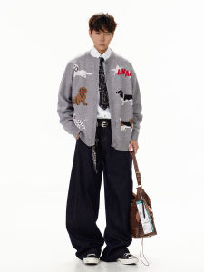 Áo Len Cardigan Dệt Kim Thêu Hình Chú Chó Dễ Thương Phong Cách Lười Biếng Mùa Thu Mới Về Phong Cách Mỹ Cổ Tròn Dài Tay Ấm Áp