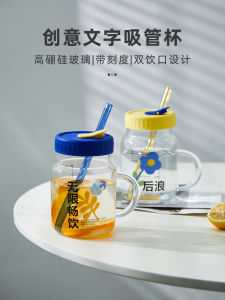 Large Capacity Glass Straw Cup for Women with Lid IMhouse High Aesthetic Value Home Use Water Cup Ins Style Heat Resistant round Shape