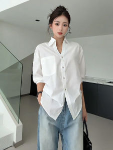 plus Size Womens Casual POLO Shirt Folded Waist Bubble Sleeve White Summer Autumn New Style Womens Fashion Shirt