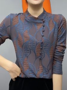 Autumn Winter Irregular round Neck Embroidered Base Layer Slim Long Sleeve Top Moms Fashion Casual Style Leaf Pattern T-shirt