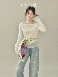 OUYANGXI | Áo Thun Dài Tay Mô Hình Lỗ Vai Duy Nhất và Ren