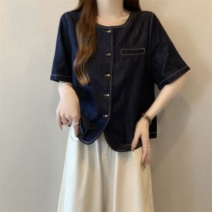 PAZHAOLANG | Plus Size 300 lbs French Retro Single Button Denim Shirt Summer Versatile Round Neck Short Sleeve
