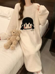 Thickened Coral Fleece Sleep Dress Womens Long Sleeve Cartoon Home Clothes Youth Polyester Fiber Winter Season Home Leisure