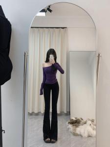 Purple Asymmetrical Shoulder Long Sleeve Womens T-shirt Chic One-Shoulder Base Shirt Inner Wear Commute Style High Waist Flared Pants