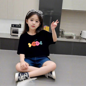 2025 New round Neck Short Sleeve T-Shirt Childrens Summer Clothing Cartoon Heart Fish Print Versatile Cotton Top for Girls