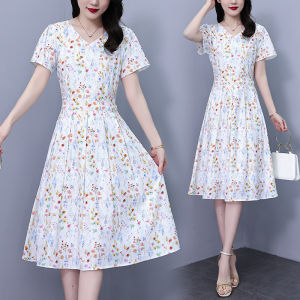 ชุดเดรสคอวีทรงเอเสื้อทีเชิ้ตทูนิคแบบมีแขนสั้นสำหรับผู้หญิงชุดเดรสจีบสั้นแฟชั่นทรงเอไลน์ผ้าชีฟองลายดอกไม้สง่างามไซส์ใหญ่พิเศษ